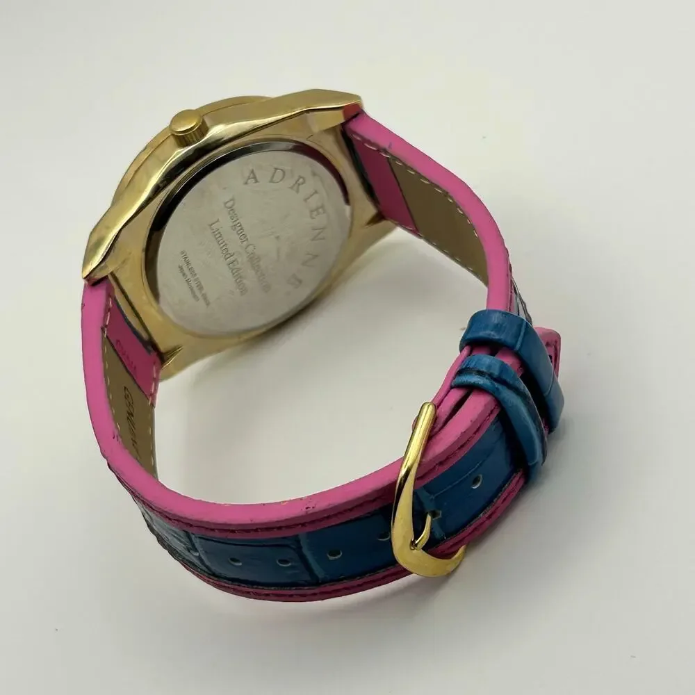 Adrienne Gold Blue Crystal Bezel Pink Blue Leather Working New Battery - Picture 7 of 8